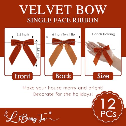 LiBongTa 35 Rust Bows Pre Tied Velvet Ribbon Bows Gift Bows for Presents Orange Ribbon Bow with Twist Ties for Wreaths Treat Bags Party Decor Valentines Day Bow12 Counts - Image 5