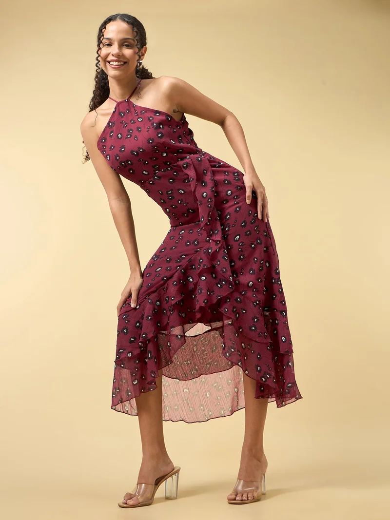 OUTZIDR Wine High Slitted Dress