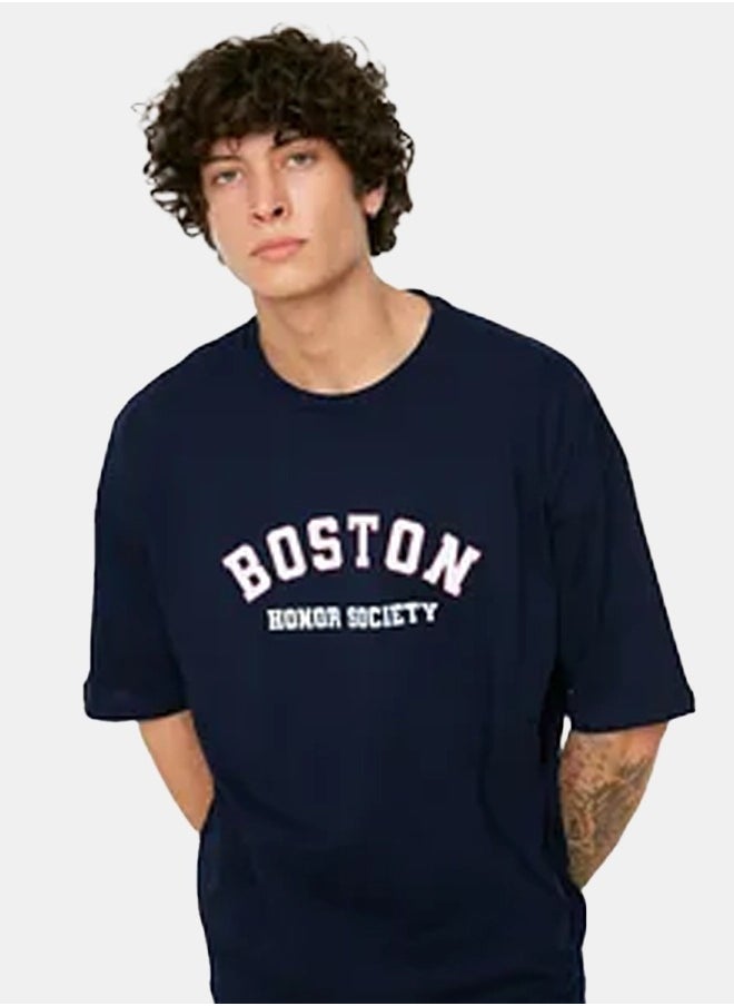 trendyol Navy Blue Crew Neck Short Sleeve Printed T-Shirt TMNSS21TS1217  - Image 3