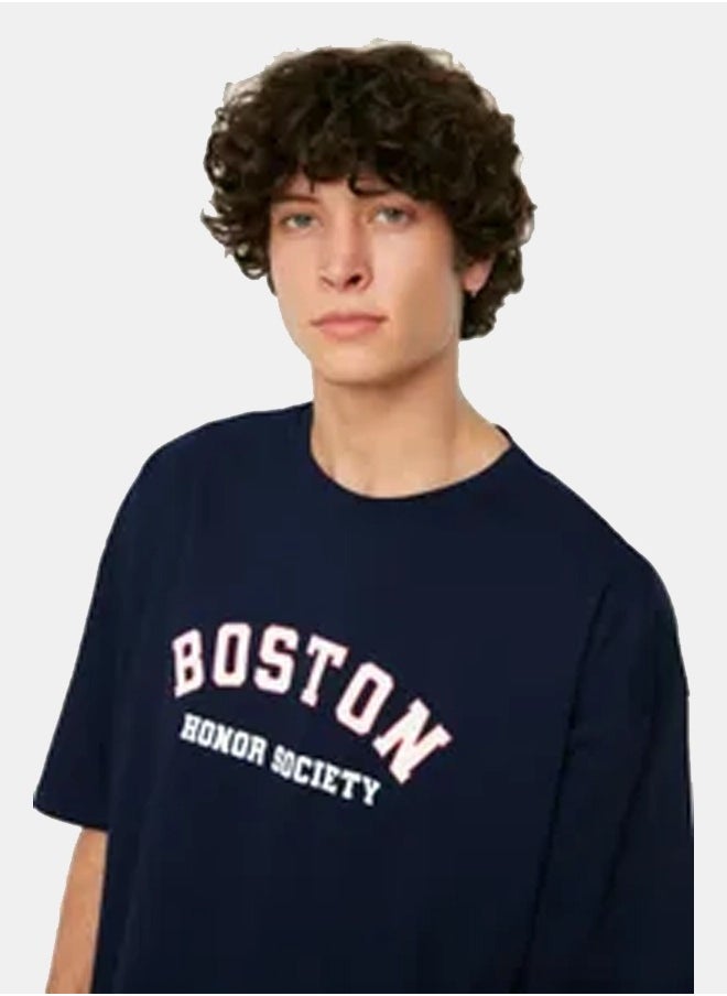 trendyol Navy Blue Crew Neck Short Sleeve Printed T-Shirt TMNSS21TS1217  - Image 1