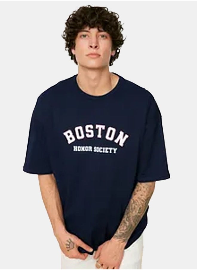 trendyol Navy Blue Crew Neck Short Sleeve Printed T-Shirt TMNSS21TS1217  - Image 2