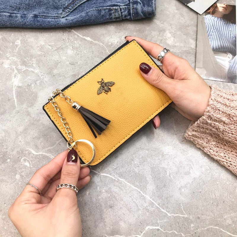 AnnabelZ Coin Purse Change Wallet Pouch Leather Card Holder with Key Chain Tassel Zip(Yellow) - Image 2