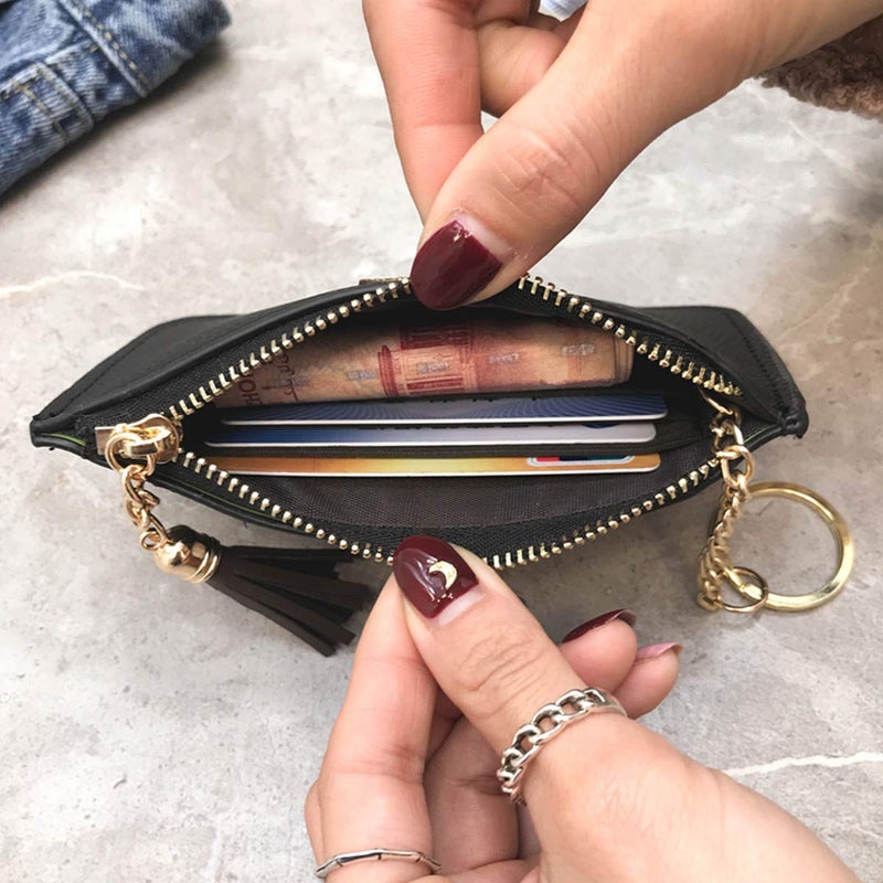 AnnabelZ Coin Purse Change Wallet Pouch Leather Card Holder with Key Chain Tassel Zip(Yellow) - Image 3