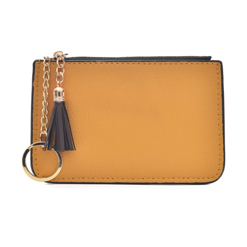 AnnabelZ Coin Purse Change Wallet Pouch Leather Card Holder with Key Chain Tassel Zip(Yellow) - Image 5