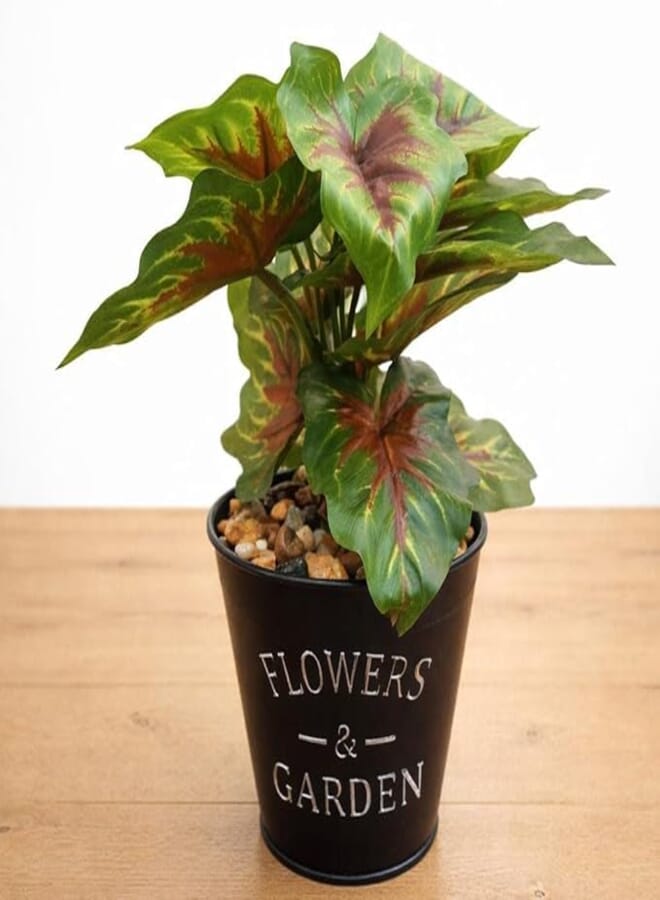 Artificial Plant with Multicolor Green and Brown Leaves in Black Pot with Flowers & Garden Pattern, Home Decor