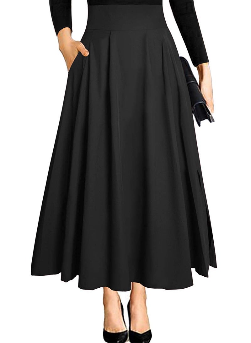 RANPHEE Black Maxi Skirt Women 2025 Dressy Trendy Summer Fashion Clothes High Waisted Flowy Long Pleated A Line Circle Church Skirt with Pockets S - Image 1