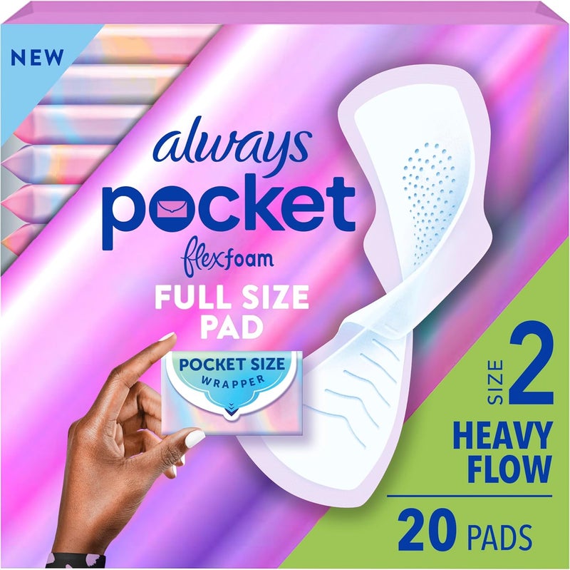 Always Pocket Feminine Pads for Women with FlexFoam, Size 2, Heavy Flow, with Wings, Unscented, 20 Count