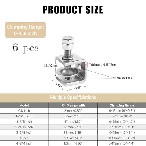 ZOWZEA 6 Pack 304 Stainless Steel C Clamp 0.8 Inch C Clamps for Woodworking and Welding Mounting，Suitable for Home and Professional Use - Image 2