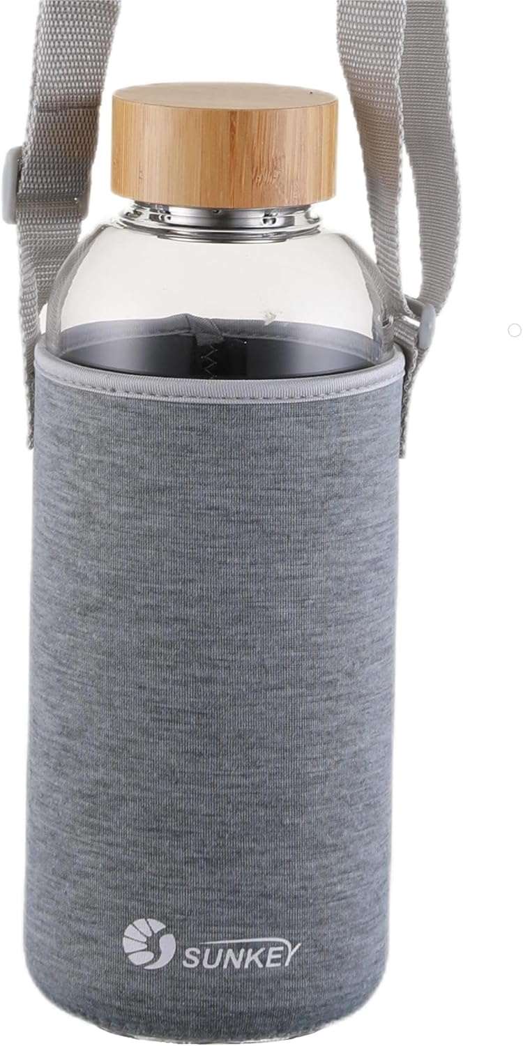 sunkey Sports Borosilicate Glass Water Bottle Wide Mouth 48 Oz Large Water Bottle with Bamboo Lid Neoprene Sleeve Bpa Free - Image 1