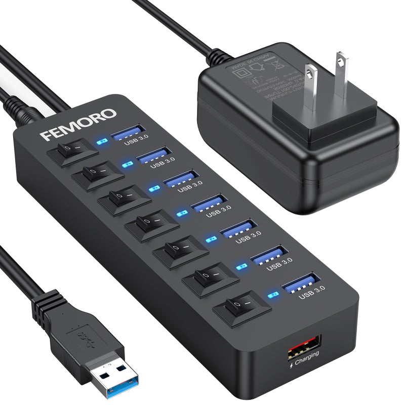 FEMORO محور USB مزود بالطاقة 3.0، نقل بيانات بسرعة 5Gbps، 7 منافذ وشحن فقط 1 منفذ مع محول طاقة 5V/3A وكابل بطول 4 أقدام ومفاتيح LED فردية للكمبيوتر المحمول PC ومحرك فلاش SSD HDD ولوحة المفاتيح والفأرة... - Image 1