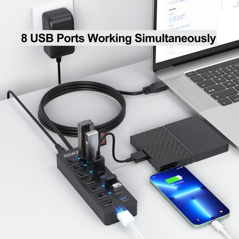 FEMORO محور USB مزود بالطاقة 3.0، نقل بيانات بسرعة 5Gbps، 7 منافذ وشحن فقط 1 منفذ مع محول طاقة 5V/3A وكابل بطول 4 أقدام ومفاتيح LED فردية للكمبيوتر المحمول PC ومحرك فلاش SSD HDD ولوحة المفاتيح والفأرة... - Image 2