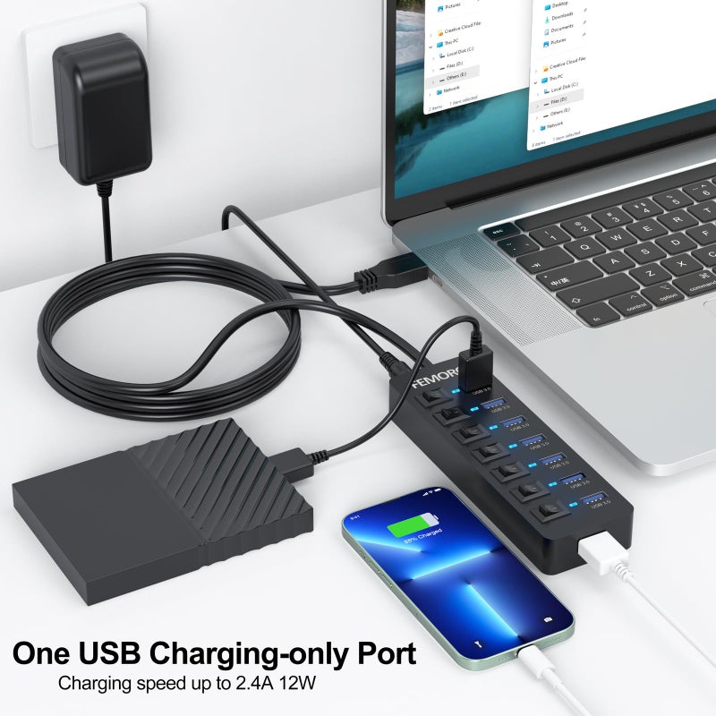 FEMORO محور USB مزود بالطاقة 3.0، نقل بيانات بسرعة 5Gbps، 7 منافذ وشحن فقط 1 منفذ مع محول طاقة 5V/3A وكابل بطول 4 أقدام ومفاتيح LED فردية للكمبيوتر المحمول PC ومحرك فلاش SSD HDD ولوحة المفاتيح والفأرة... - Image 4