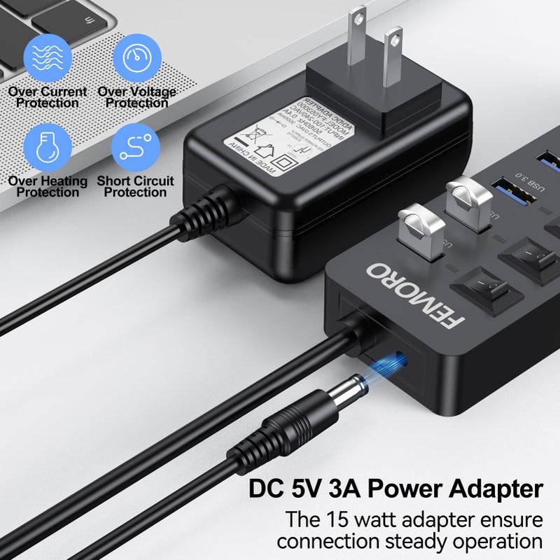 FEMORO محور USB مزود بالطاقة 3.0، نقل بيانات بسرعة 5Gbps، 7 منافذ وشحن فقط 1 منفذ مع محول طاقة 5V/3A وكابل بطول 4 أقدام ومفاتيح LED فردية للكمبيوتر المحمول PC ومحرك فلاش SSD HDD ولوحة المفاتيح والفأرة... - Image 5