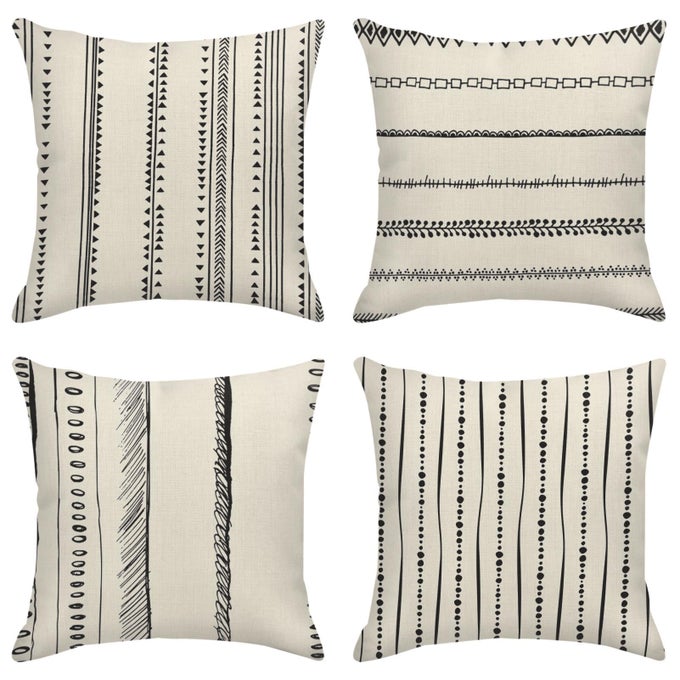 SET OF 4 THROW PILLOW COVERS PATTERN BLACK AND WHITE BOHO BOHEMIAN GEOMETRIC DOTS LINES OF BORDERS DECOR LINEN OUTDOOR PILLOW CASES HOME DECORATIVE SQUARE 18X18 INCHES PILLOWCASES