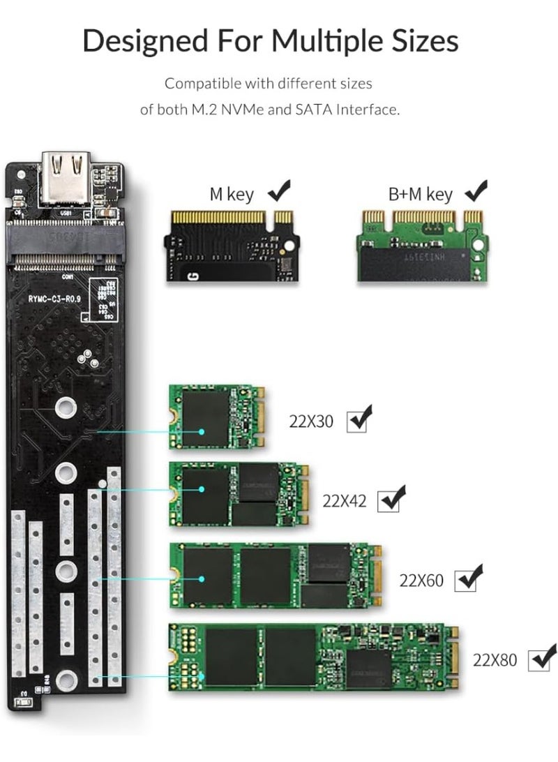 USB 3.1 Gen 2 M.2 SSD Enclosure, USB-C External Case for NVMe & SATA M.2 SSD, 10Gbps, Supports 2230/2242/2260/2280 - Image 2