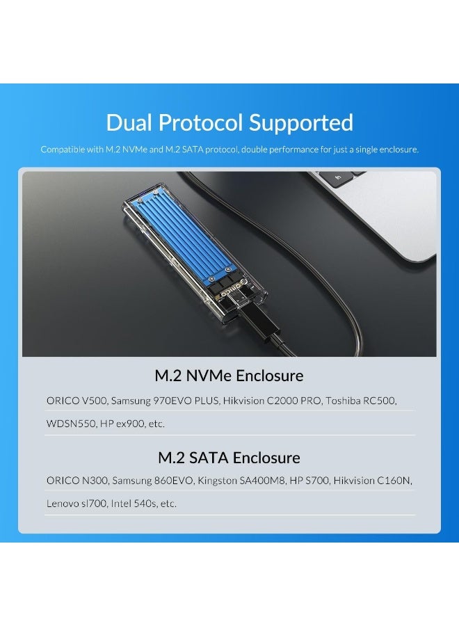 USB 3.1 Gen 2 M.2 SSD Enclosure, USB-C External Case for NVMe & SATA M.2 SSD, 10Gbps, Supports 2230/2242/2260/2280 - Image 3