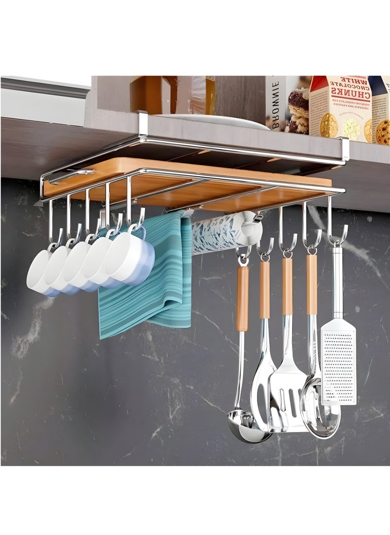 BestStore 304 Stainless Steel Under Cabinet Utensil Rack, Multi-Functional Kitchen Organizer with Cutting Board Holder, Dual Towel Slots, and 10 Hooks  - Image 1