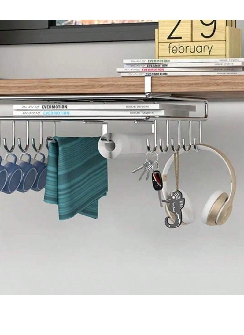 BestStore 304 Stainless Steel Under Cabinet Utensil Rack, Multi-Functional Kitchen Organizer with Cutting Board Holder, Dual Towel Slots, and 10 Hooks  - Image 5