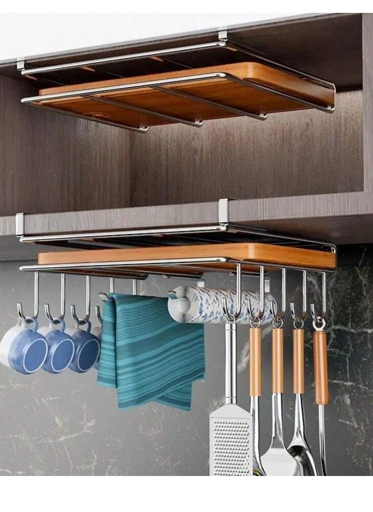 BestStore 304 Stainless Steel Under Cabinet Utensil Rack, Multi-Functional Kitchen Organizer with Cutting Board Holder, Dual Towel Slots, and 10 Hooks  - Image 4