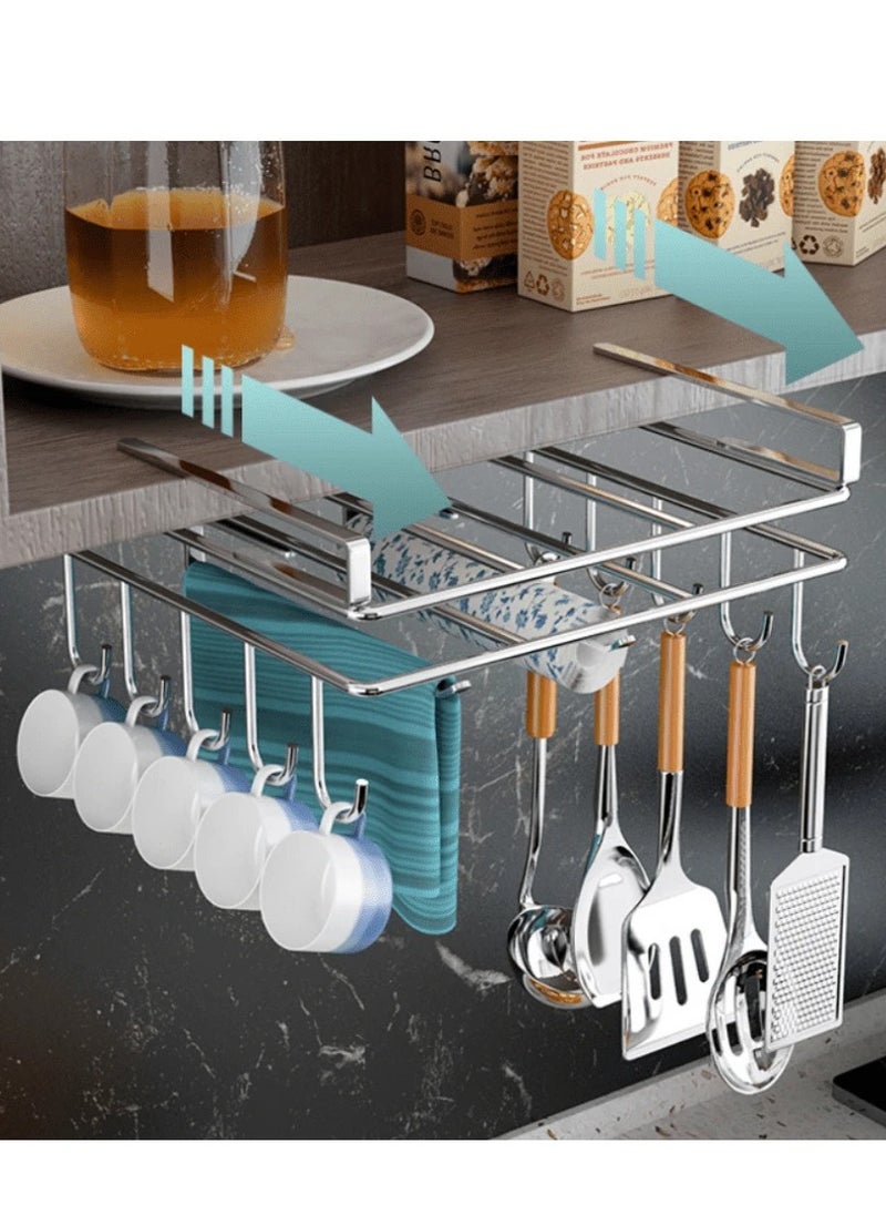 BestStore 304 Stainless Steel Under Cabinet Utensil Rack, Multi-Functional Kitchen Organizer with Cutting Board Holder, Dual Towel Slots, and 10 Hooks  - Image 2