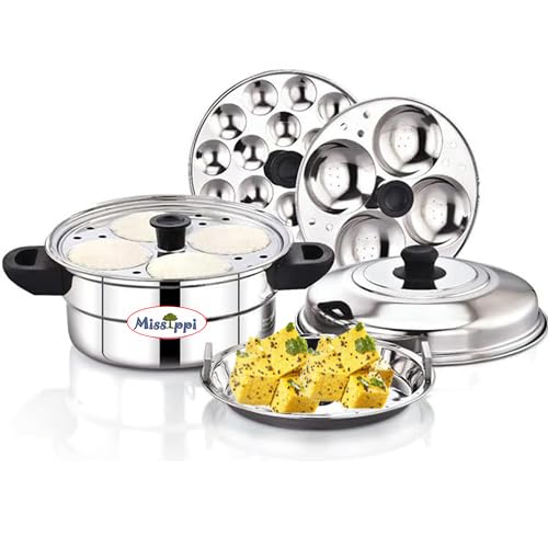 Missippi Idli Maker Stainless Steel Idli Cooker, Idli Steamer, Idly Pot, Mini Idli (Silver, 8 Idli, 4 Plate) Multicookware. (RX 8 Idli + Steamer + 1 Mini), 4 liter - Image 1