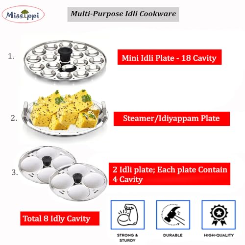 Missippi Idli Maker Stainless Steel Idli Cooker, Idli Steamer, Idly Pot, Mini Idli (Silver, 8 Idli, 4 Plate) Multicookware. (RX 8 Idli + Steamer + 1 Mini), 4 liter - Image 2