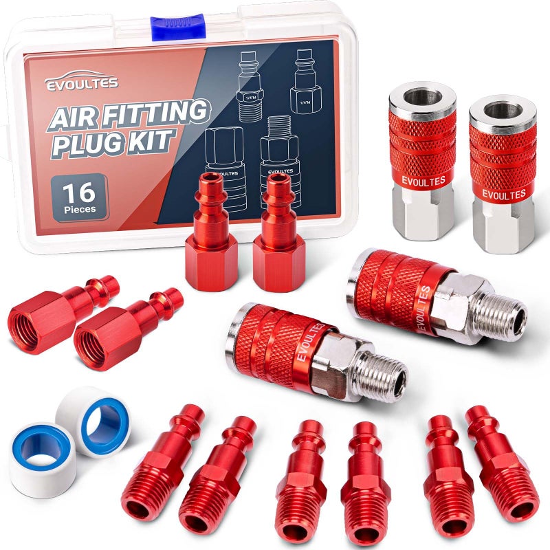 EVOULTES 16 Pieces Universal 14 NPT Air Hose Fittings Coupler Kit Lightweight Aluminium With Quick Connect Plug Pneumatic Tool Fitting for Compressor Accessories