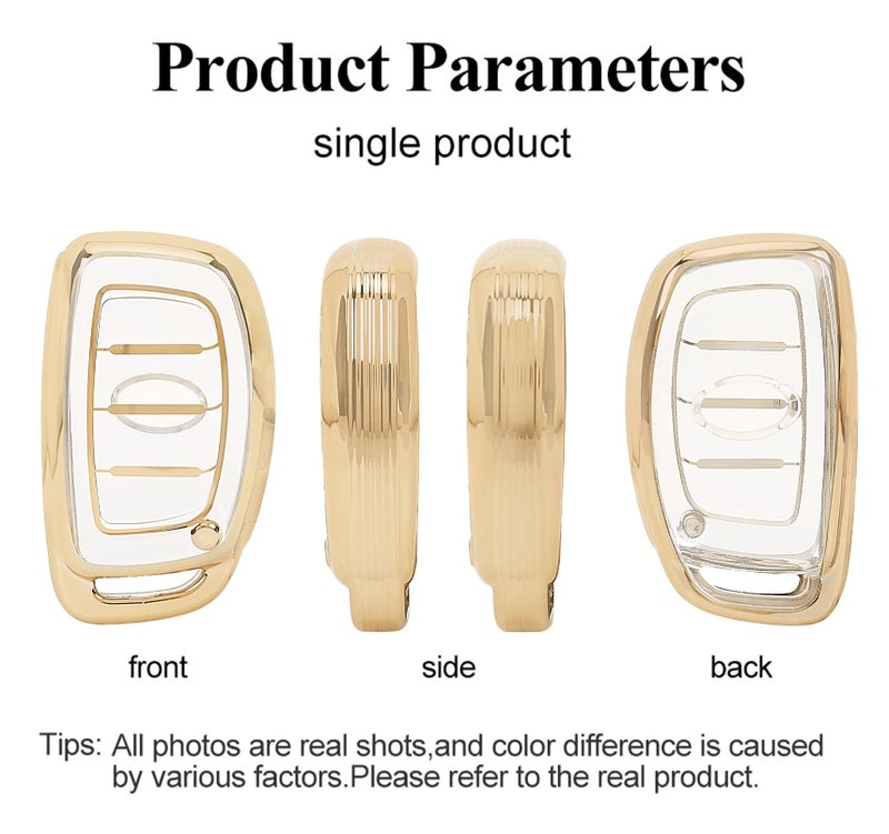 JVCV® Soft TPU Transparent Key Cover Compatible with Hyundai Alcazar, Creta, Venue, i20, Tucson, Elantra 4 Button Smart Key – Stylish Protective Case for Car Remote (Transparent Gold) - Image 3