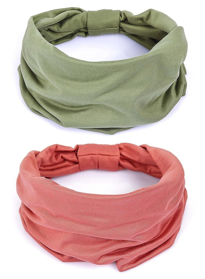 أوزيغالور 2 عبوة عصابات رأس بوهو عريضة، مانعة للانزلاق، للنساء، لليوغا، للجري، خضراء وزهرية، قطن مرن. - Image 1