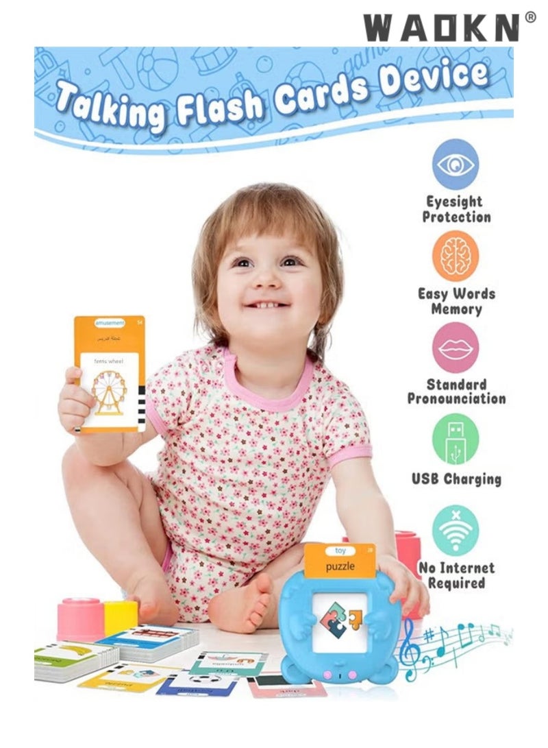 WAOKN Arabic English Learning Toys for 3 4 5 6 Years Old Boys Girls 112 Cards 224 Words Baby Toys Puzzle Bear Flash Card Early Education Card Machine for Children Montessori Toys for Kids (Blue) - Image 4