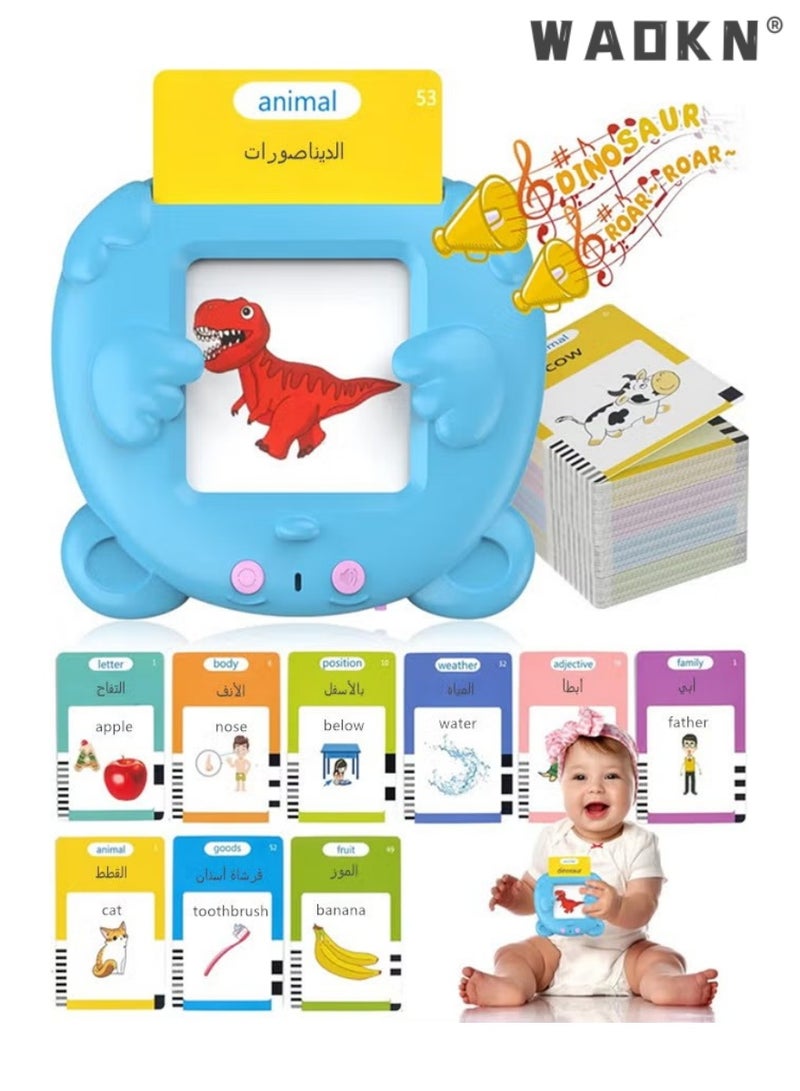 WAOKN Arabic English Learning Toys for 3 4 5 6 Years Old Boys Girls 112 Cards 224 Words Baby Toys Puzzle Bear Flash Card Early Education Card Machine for Children Montessori Toys for Kids (Blue) - Image 1