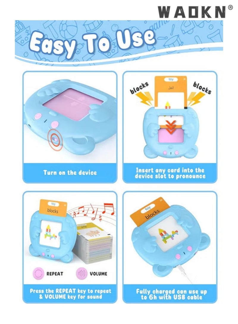 WAOKN Arabic English Learning Toys for 3 4 5 6 Years Old Boys Girls 112 Cards 224 Words Baby Toys Puzzle Bear Flash Card Early Education Card Machine for Children Montessori Toys for Kids (Blue) - Image 2