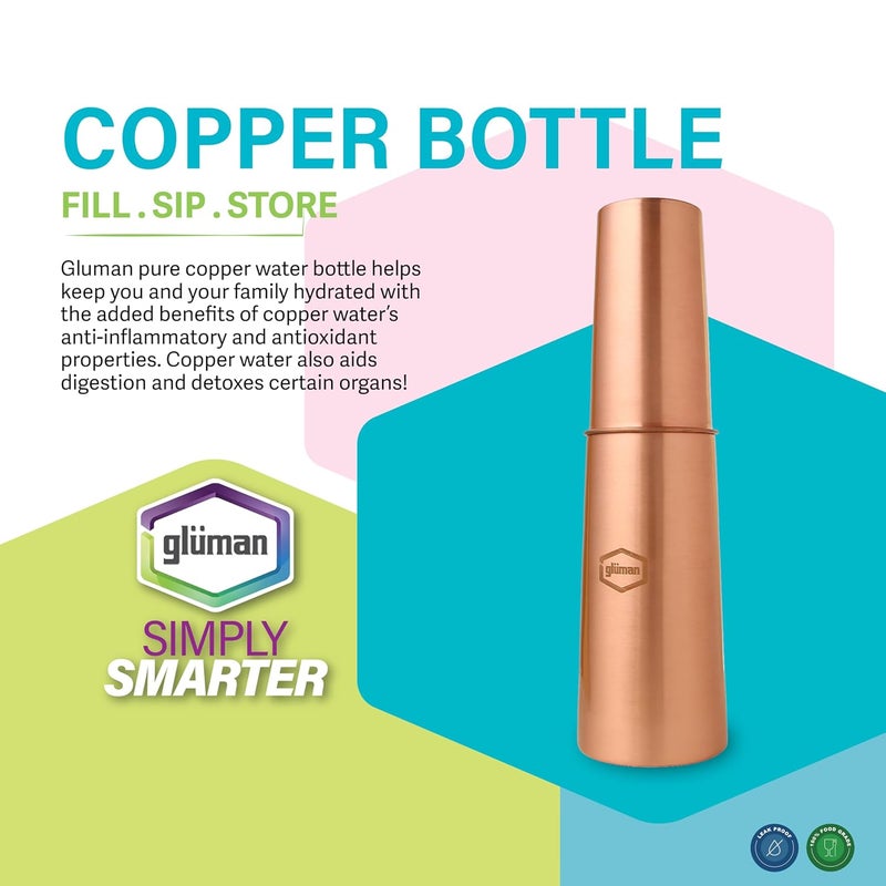 Gluman Gluman CupPura Copper Water Bottle With InBuilt Glass Cap LeakProof Design I Copper Bottle for Home School Gym Yoga Trekking Travel Bottle Drinkware Storage Purpose 850 ml  - Image 4