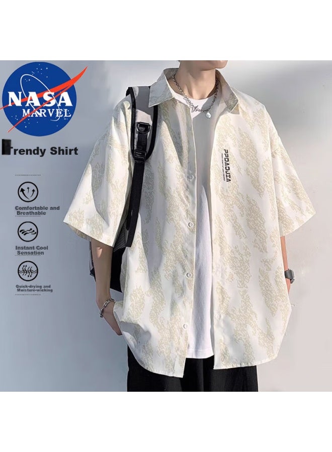 Nasa Marvel Short Sleeve Shirt Men Summer Turn-down Collar Casual Shirt Loose-fit Versatile Simple Top White 3XL - Image 1