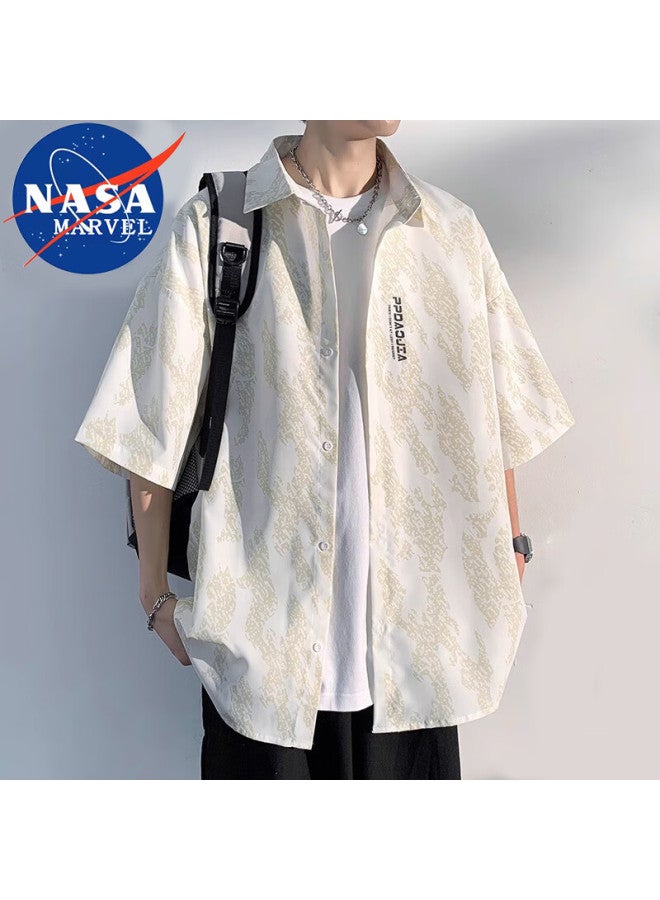 Nasa Marvel Short Sleeve Shirt Men Summer Turn-down Collar Casual Shirt Loose-fit Versatile Simple Top White 3XL - Image 5