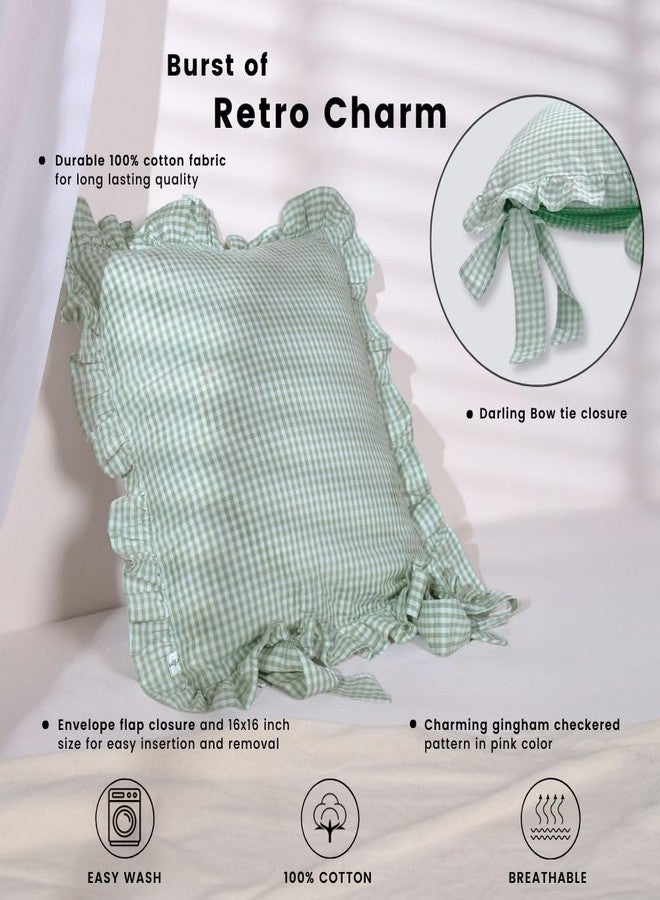 Sleepy Threads Cushion Covers - 16x16 Inches | Pack Of 2 | Sage Green Checkered Design with Frill Borders & Envelope Closure | Decorative Cushion Cases for Sofa, Couch, Bedroom & Living Room - Image 3