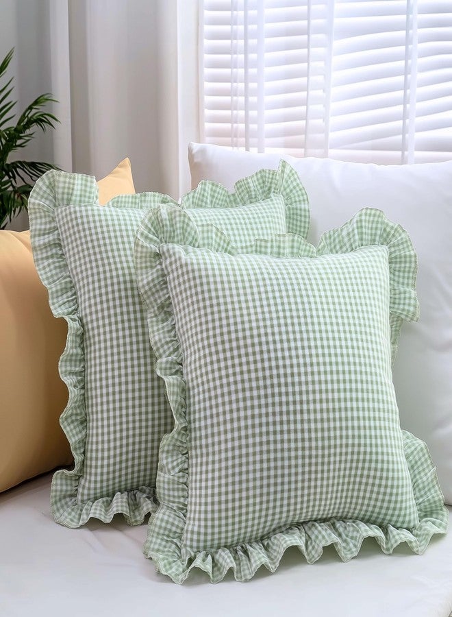 Sleepy Threads Cushion Covers - 16x16 Inches | Pack Of 2 | Sage Green Checkered Design with Frill Borders & Envelope Closure | Decorative Cushion Cases for Sofa, Couch, Bedroom & Living Room - Image 1
