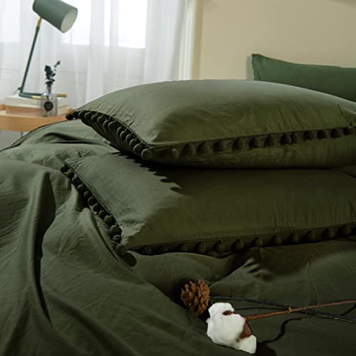 ETDIFFE Dark Olive Green Duvet Cover Queen Size, 3 Piece Boho Bohemian Farmhouse Pom Microfiber Bedding Comforter Cover Set, Soft and Lightweight Quilt Cover (90x90) - Image 3
