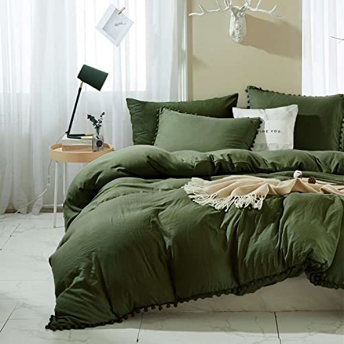 ETDIFFE Dark Olive Green Duvet Cover Queen Size, 3 Piece Boho Bohemian Farmhouse Pom Microfiber Bedding Comforter Cover Set, Soft and Lightweight Quilt Cover (90x90) - Image 2
