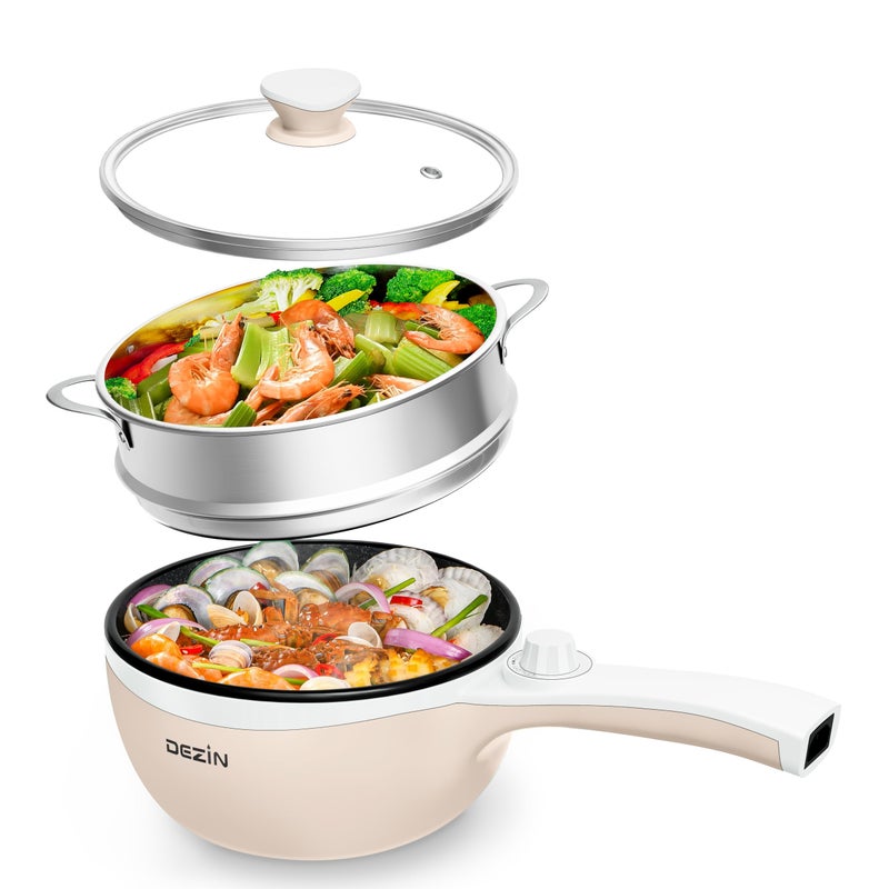 Dezin Hot Pot Electric with Steamer Upgraded, Non-Stick SautÃ© Pan, Rapid Noodles Electric Pot, 1.5L Mini Pot for Steak, Egg, Fried Rice, Ramen, Oatmeal, Soup with Power Adjustment - Image 1