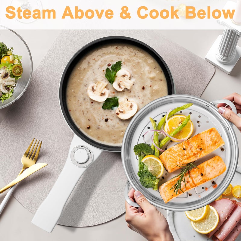 Dezin Hot Pot Electric with Steamer Upgraded, Non-Stick SautÃ© Pan, Rapid Noodles Electric Pot, 1.5L Mini Pot for Steak, Egg, Fried Rice, Ramen, Oatmeal, Soup with Power Adjustment - Image 4