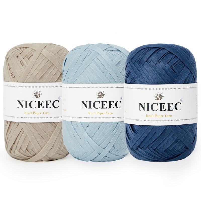 NICEEC 3 Packs Kraft Paper Yarn Soft Raffia Ribbon Yarn for Crocheting  Knitting Polyester DIY Weaving  Total 474yds 53oz  Blue Series