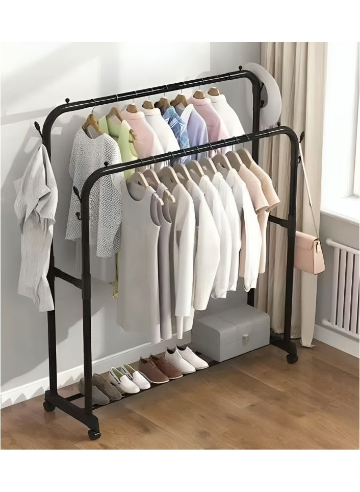 Clothes Organizer - Double Rod Clothes Rack with Wheels - 4 Hooks Multifunctional Clothes Hanging Rack for Bedroom - Black - 143*96*42 cm