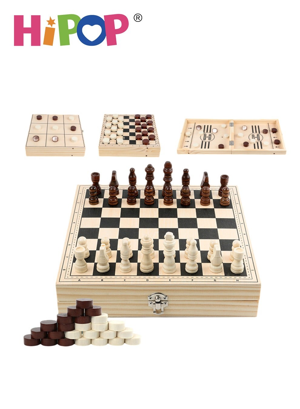 HIPOP 4 In 1 Board Game,Chess,Checkers,TIC TAC TOE,Sling Puck Game,Wooden Educational Interactive Game