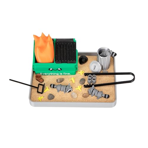 Stylor Dumpster Fire Zen Garden Desk Decor 3D Print Plastic Miniature Sandbox with Raccoon Flames Humorous Office Stress Relief Gift Includes Stones Sand Accessories - Image 1