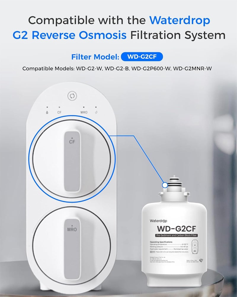 Waterdrop WD-G2CF Filter, Replacement for WD-G2-W, WD-G2-B, WD-G2P600-W Reverse Osmosis System,12-month Lifetime, 2-Pack - Image 2