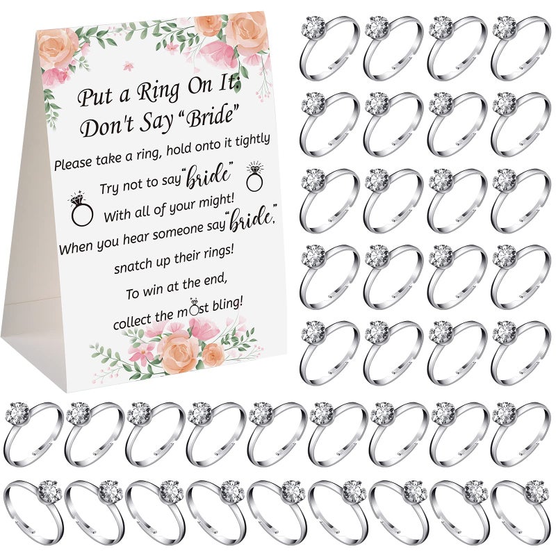 Woanger Put a Ring on It Bridal Shower Game with 50 Fake Rings, Rustic Greenery Theme Wedding Shower Games Wedding and Engagement Rings and Not Say Bride Rules Cards(Flowers,Silver) - Image 1
