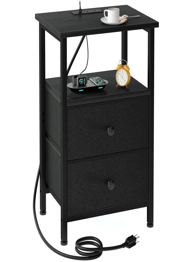LOAKEKEL Night Stand with Charging Station, Small Bedside Table with 2 Fabric Drawers, Nightstand with USB Ports & Outlets for Bedroom, Black, HETS020BK-1 - Image 1