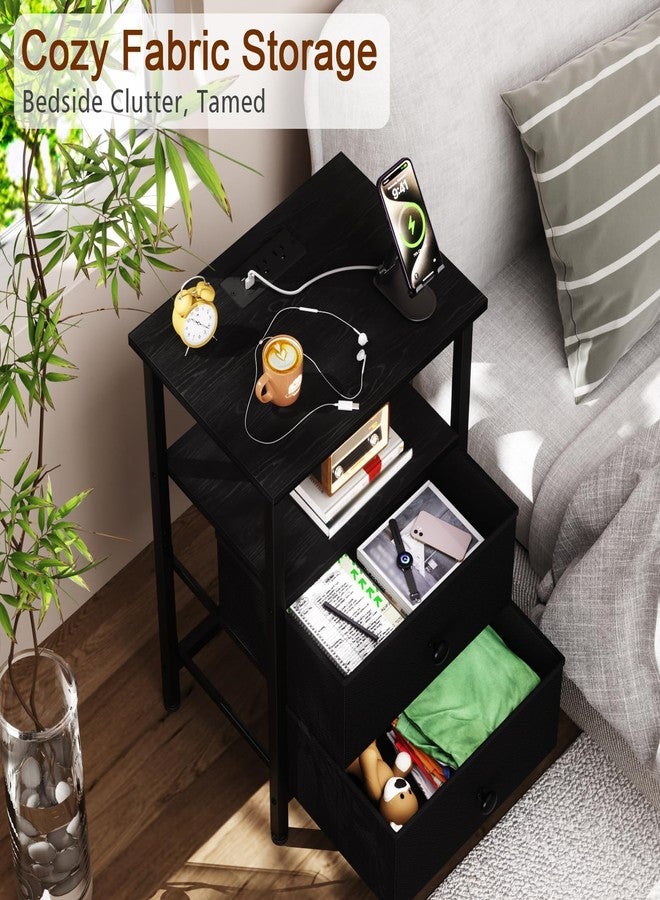LOAKEKEL Night Stand with Charging Station, Small Bedside Table with 2 Fabric Drawers, Nightstand with USB Ports & Outlets for Bedroom, Black, HETS020BK-1 - Image 4