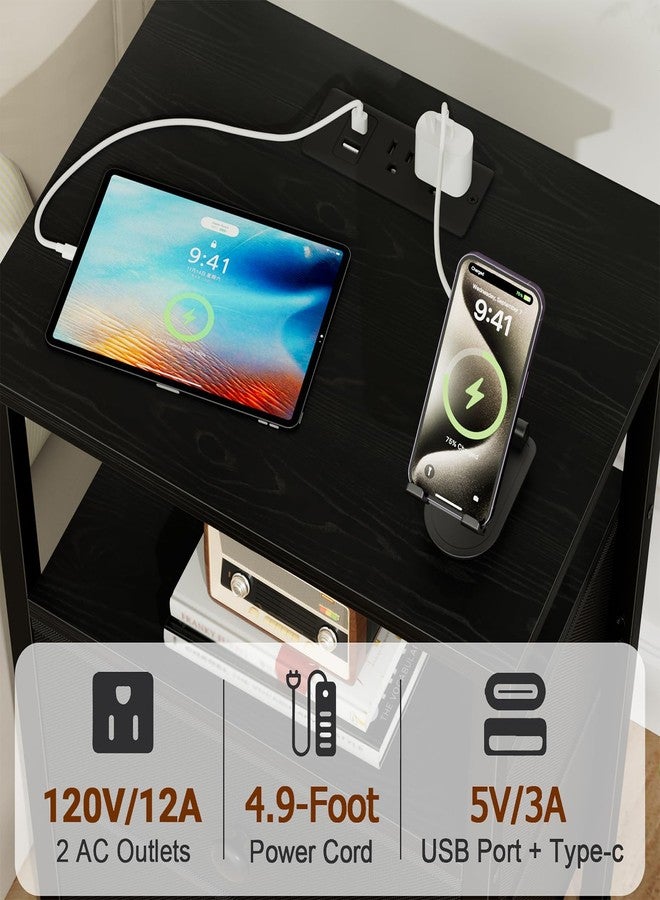 LOAKEKEL Night Stand with Charging Station, Small Bedside Table with 2 Fabric Drawers, Nightstand with USB Ports & Outlets for Bedroom, Black, HETS020BK-1 - Image 3